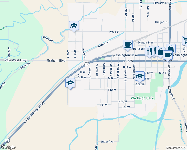 map of restaurants, bars, coffee shops, grocery stores, and more near 386 Yakima Street South in Vale