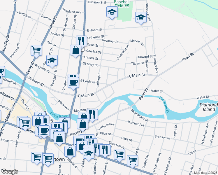 map of restaurants, bars, coffee shops, grocery stores, and more near 236 East Main Street in Watertown