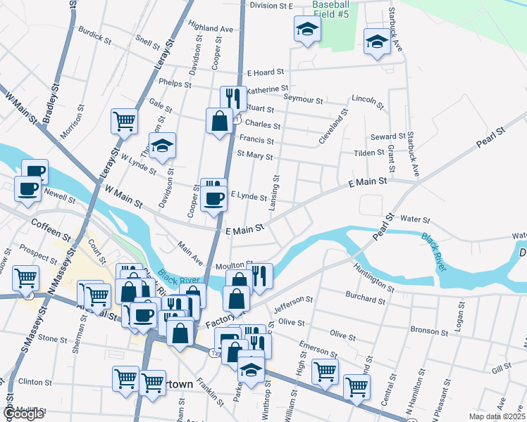 map of restaurants, bars, coffee shops, grocery stores, and more near 516 Mundy Street in Watertown