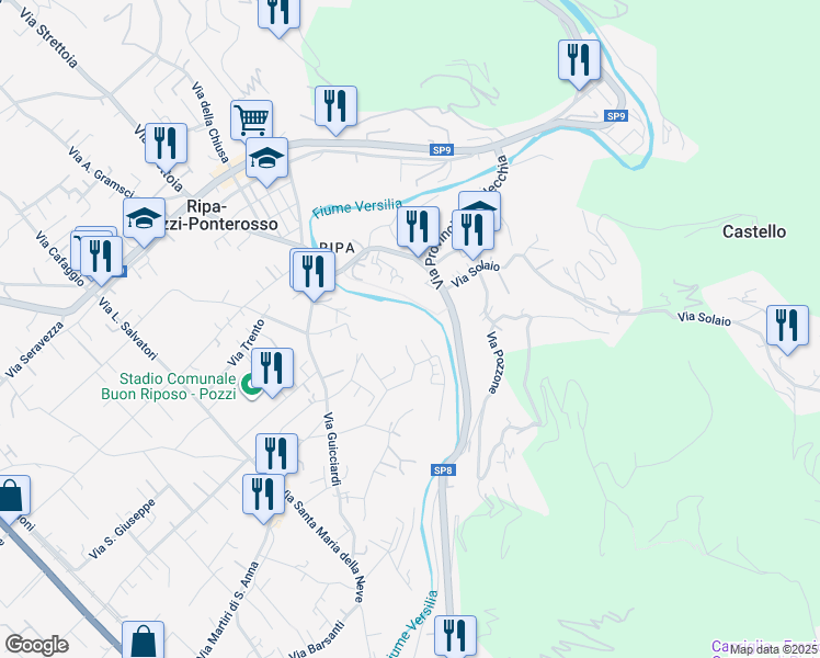 map of restaurants, bars, coffee shops, grocery stores, and more near 599 Via Serra in Provincia di Lucca