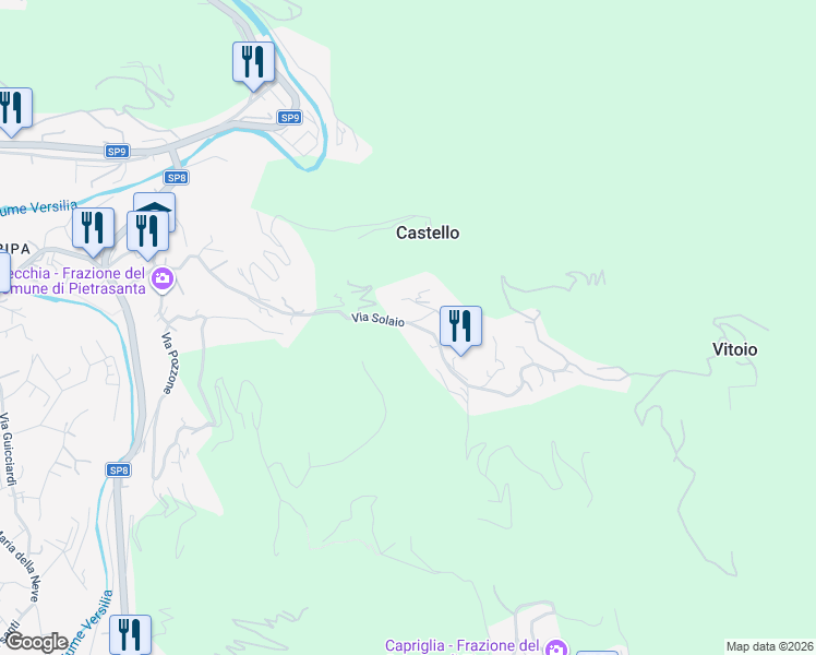 map of restaurants, bars, coffee shops, grocery stores, and more near 76 Via Solaio in Pietrasanta