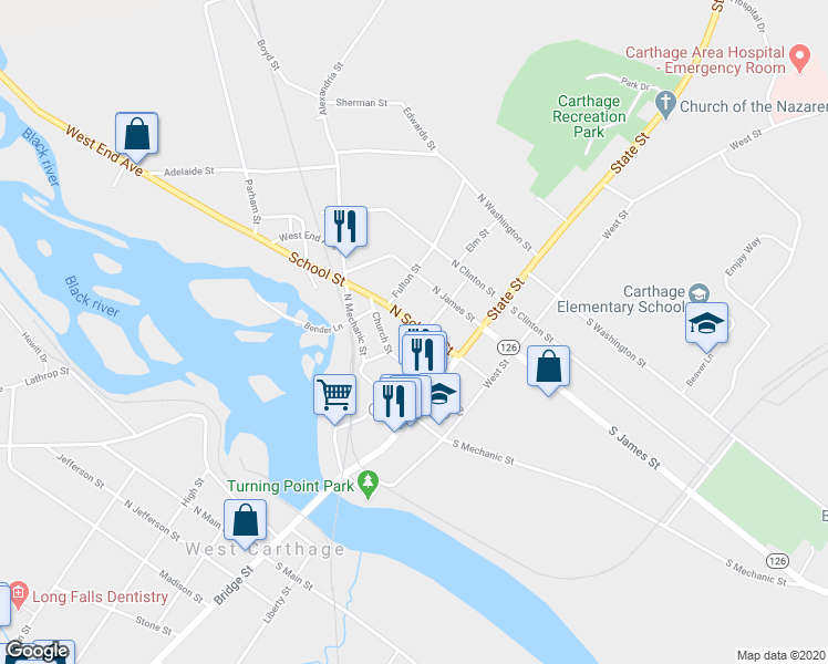 map of restaurants, bars, coffee shops, grocery stores, and more near 423 Budd Street in Carthage