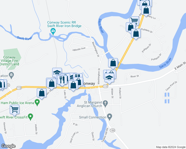 map of restaurants, bars, coffee shops, grocery stores, and more near 36 Washington Street in Conway