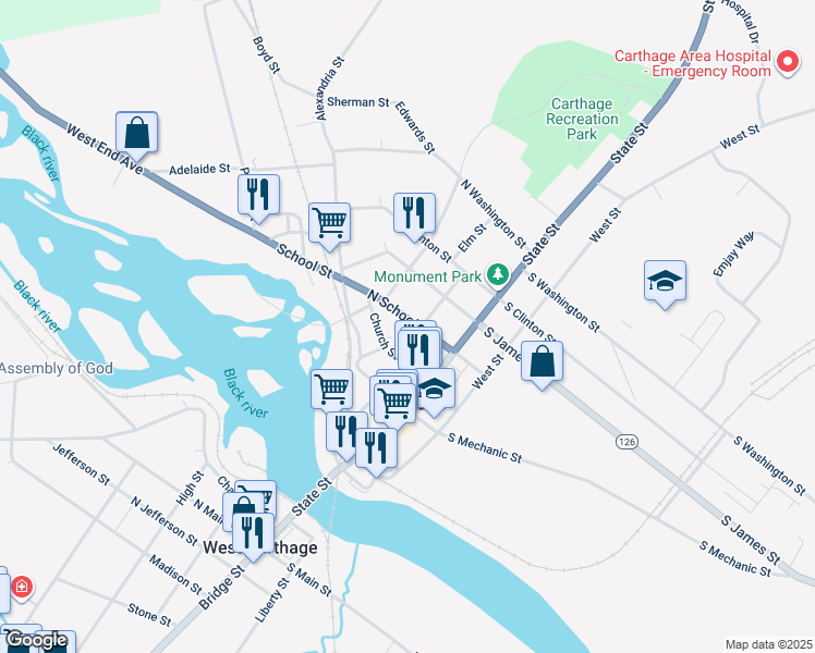 map of restaurants, bars, coffee shops, grocery stores, and more near 418 Budd Street in Carthage