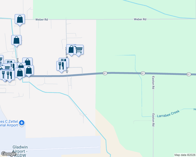 map of restaurants, bars, coffee shops, grocery stores, and more near 2465 Michigan 61 in Gladwin