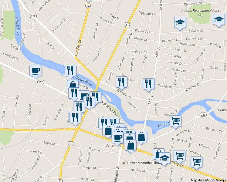 map of restaurants, bars, coffee shops, grocery stores, and more near 343 W Main St in Watertown