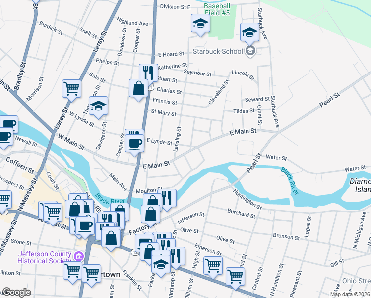 map of restaurants, bars, coffee shops, grocery stores, and more near 209 East Main Street in Watertown