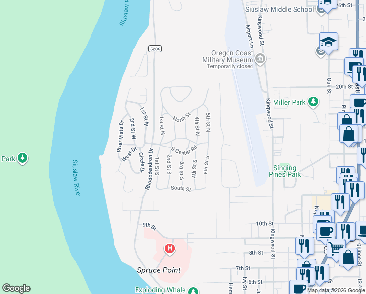 map of restaurants, bars, coffee shops, grocery stores, and more near 1600 Rhododendron Drive in Florence