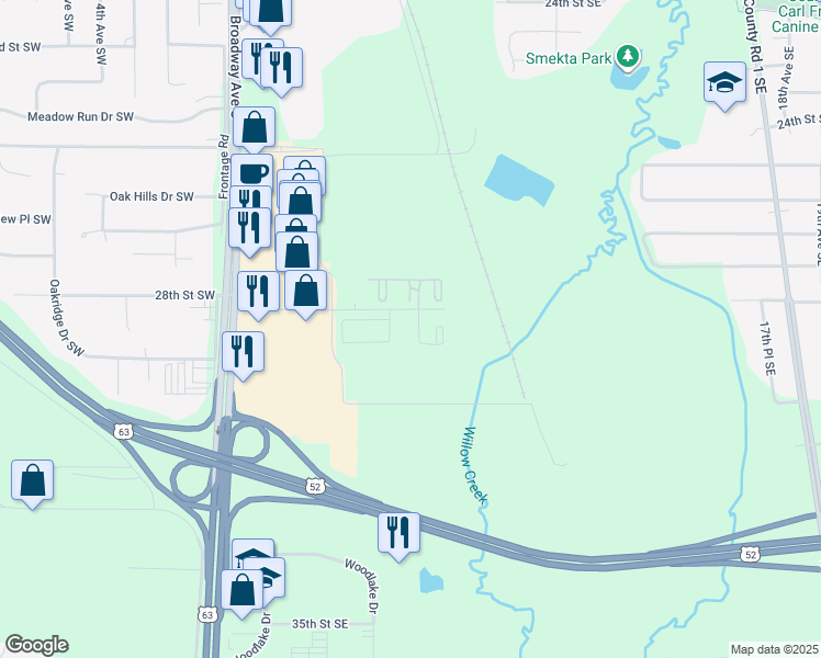map of restaurants, bars, coffee shops, grocery stores, and more near 560 28th Street Southeast in Rochester