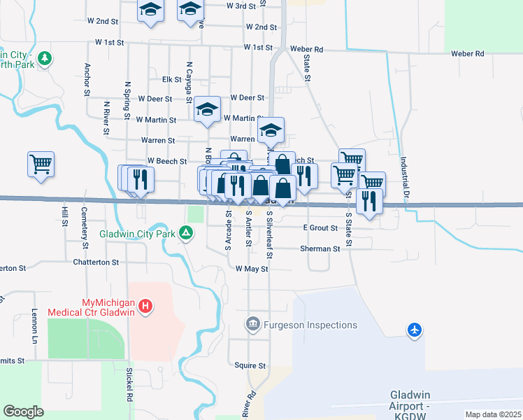 map of restaurants, bars, coffee shops, grocery stores, and more near 120 West Grout Street in Gladwin