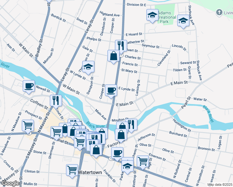 map of restaurants, bars, coffee shops, grocery stores, and more near 544 Mill Street in Watertown
