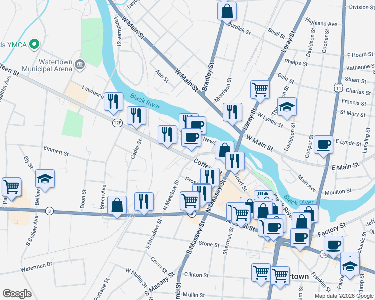 map of restaurants, bars, coffee shops, grocery stores, and more near 308 Howk Street in Watertown