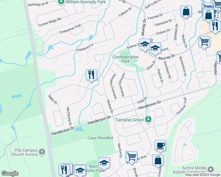 map of restaurants, bars, coffee shops, grocery stores, and more near 22 Knowles Crescent in Aurora