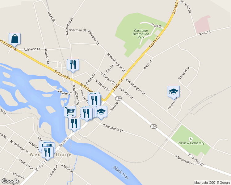 map of restaurants, bars, coffee shops, grocery stores, and more near 610 State Street in Carthage