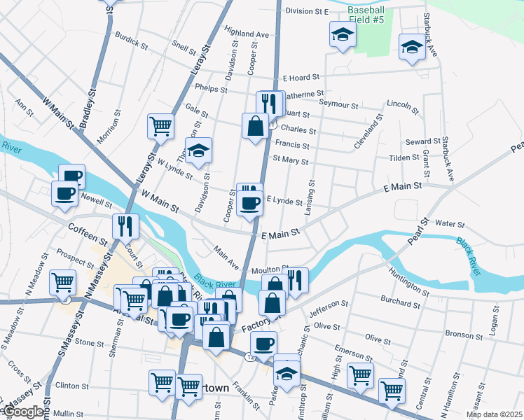 map of restaurants, bars, coffee shops, grocery stores, and more near 544 Mill Street in Watertown