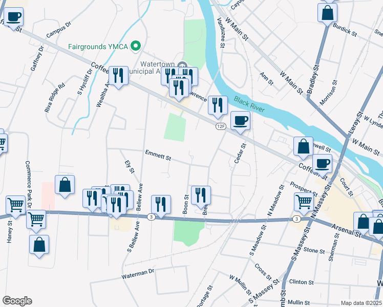 map of restaurants, bars, coffee shops, grocery stores, and more near 193 Boon Street in Watertown