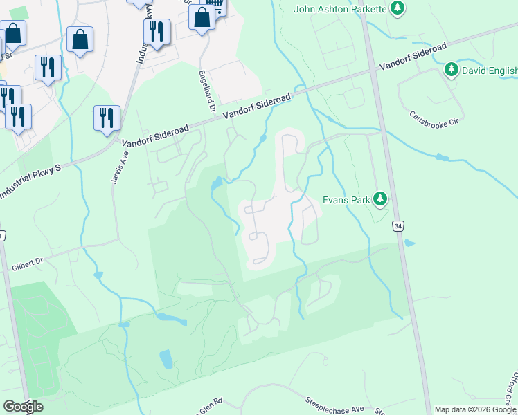 map of restaurants, bars, coffee shops, grocery stores, and more near 15 Wilton Trail in Aurora