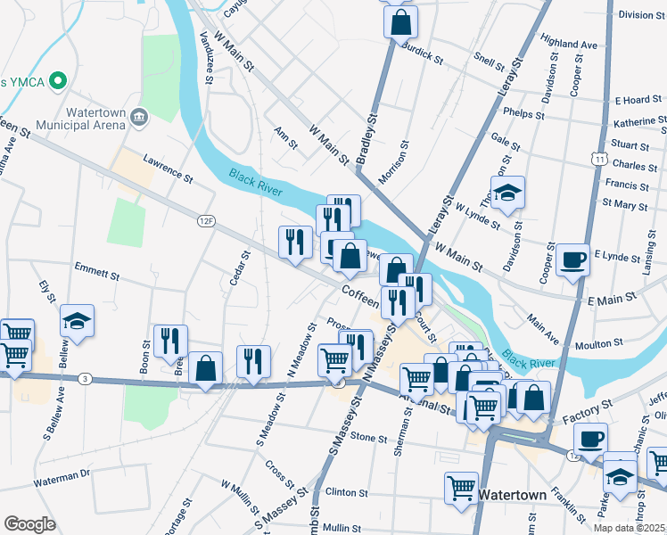 map of restaurants, bars, coffee shops, grocery stores, and more near 310 Howk Street in Watertown