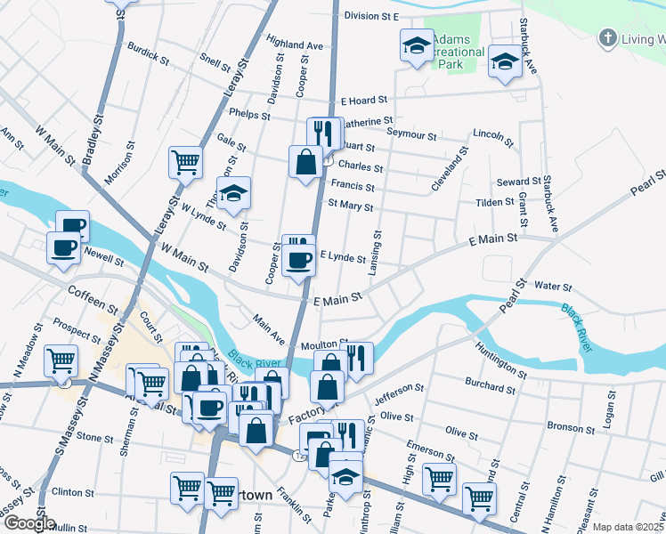 map of restaurants, bars, coffee shops, grocery stores, and more near 516 Mundy Street in Watertown