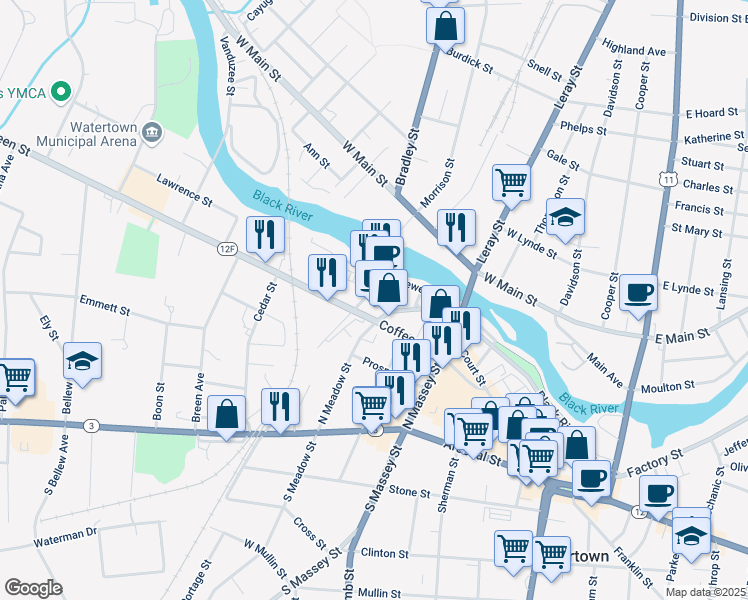 map of restaurants, bars, coffee shops, grocery stores, and more near 468 Coffeen Street in Watertown