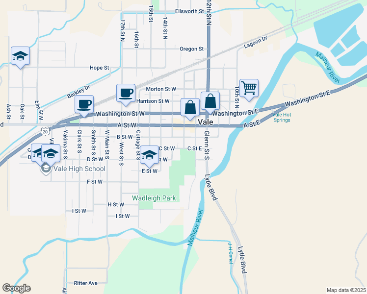 map of restaurants, bars, coffee shops, grocery stores, and more near 283 Main Street South in Vale