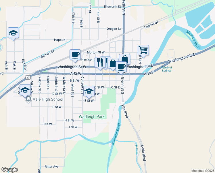 map of restaurants, bars, coffee shops, grocery stores, and more near 283 Main Street South in Vale