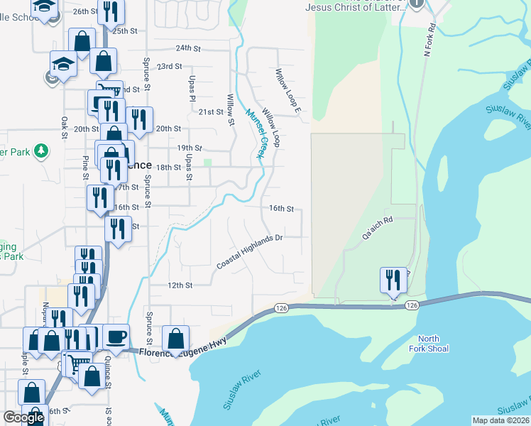 map of restaurants, bars, coffee shops, grocery stores, and more near 1501 Willow Loop in Florence