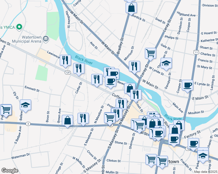 map of restaurants, bars, coffee shops, grocery stores, and more near 312 Howk Street in Watertown