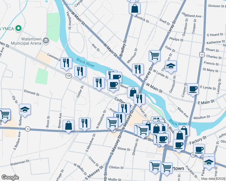map of restaurants, bars, coffee shops, grocery stores, and more near 314 Howk Street in Watertown