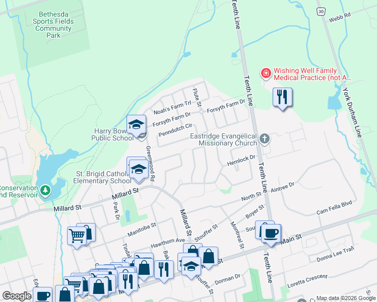 map of restaurants, bars, coffee shops, grocery stores, and more near 64 Aspen Crescent in Whitchurch-Stouffville