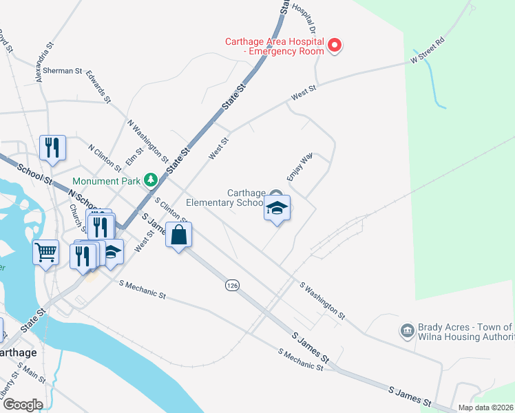 map of restaurants, bars, coffee shops, grocery stores, and more near 900 Beaver Lane in Carthage