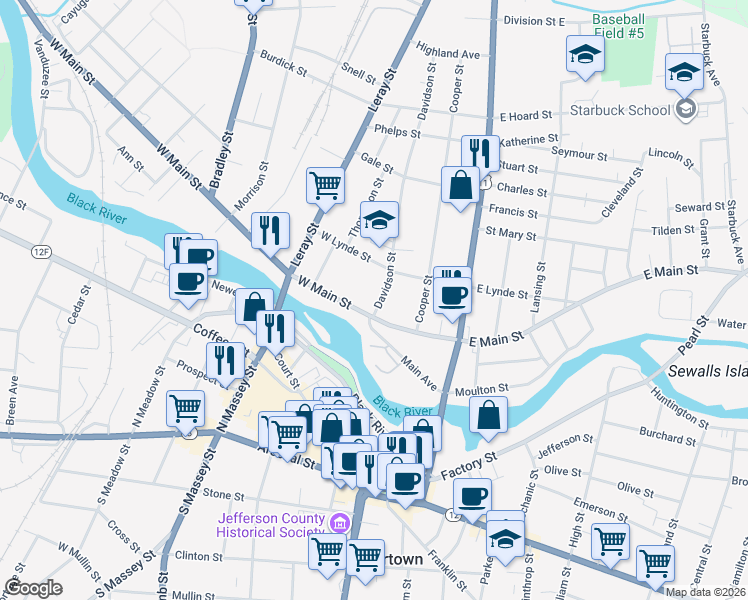 map of restaurants, bars, coffee shops, grocery stores, and more near 513 Davidson Street in Watertown