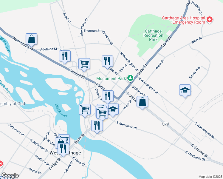 map of restaurants, bars, coffee shops, grocery stores, and more near 511 Budd Street in Carthage