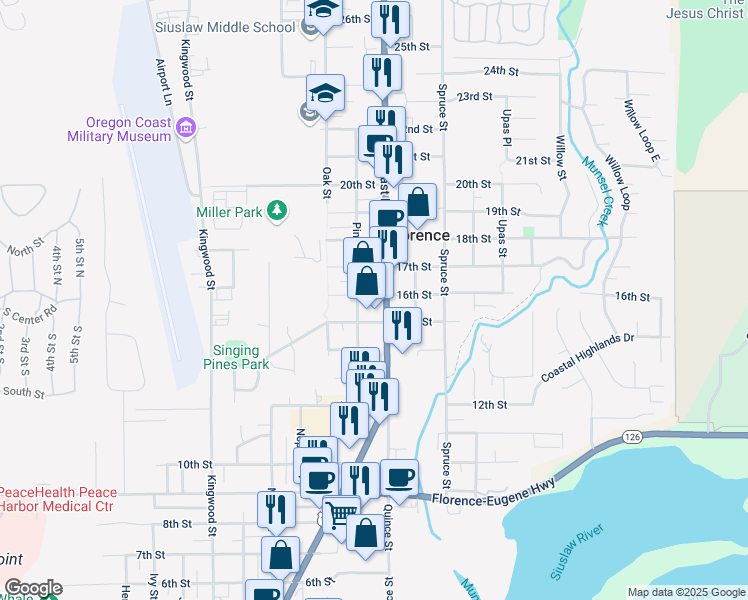 map of restaurants, bars, coffee shops, grocery stores, and more near 1510 Pine Street in Florence