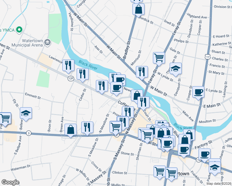 map of restaurants, bars, coffee shops, grocery stores, and more near 314 Howk Street in Watertown