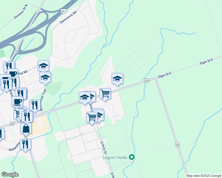map of restaurants, bars, coffee shops, grocery stores, and more near 327 Elgin Street East in Cobourg