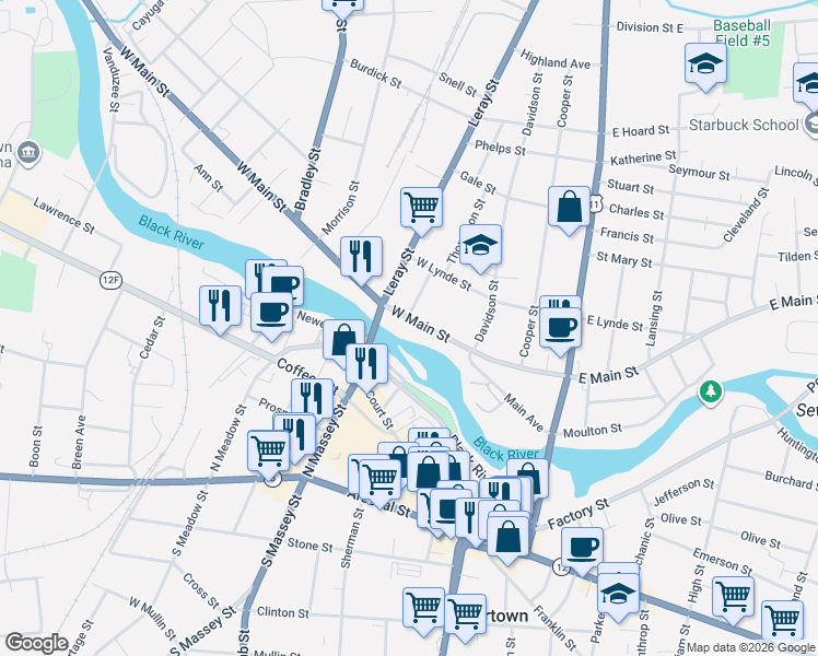 map of restaurants, bars, coffee shops, grocery stores, and more near 402-410 Newell St in Watertown