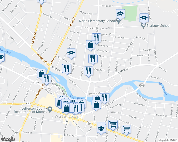 map of restaurants, bars, coffee shops, grocery stores, and more near 555 Mill Street in Watertown