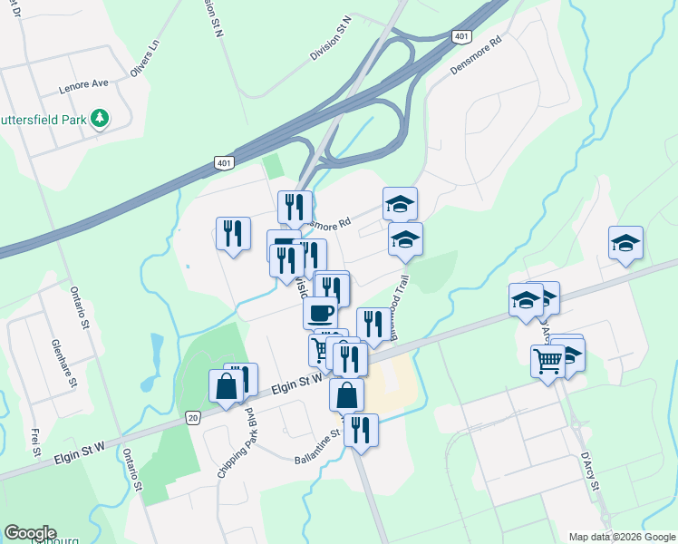 map of restaurants, bars, coffee shops, grocery stores, and more near 1015 Otto Drive in Cobourg