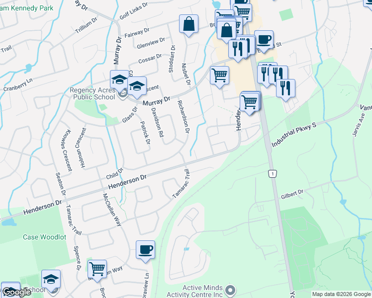 map of restaurants, bars, coffee shops, grocery stores, and more near 47 Richardson Drive in Aurora
