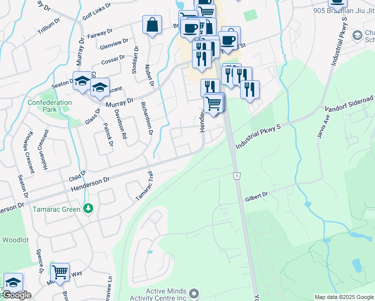 map of restaurants, bars, coffee shops, grocery stores, and more near 104 Henderson Drive in Aurora