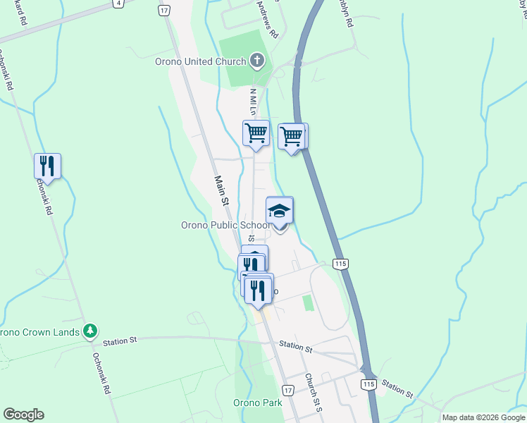 map of restaurants, bars, coffee shops, grocery stores, and more near 164 Church Street in Orono