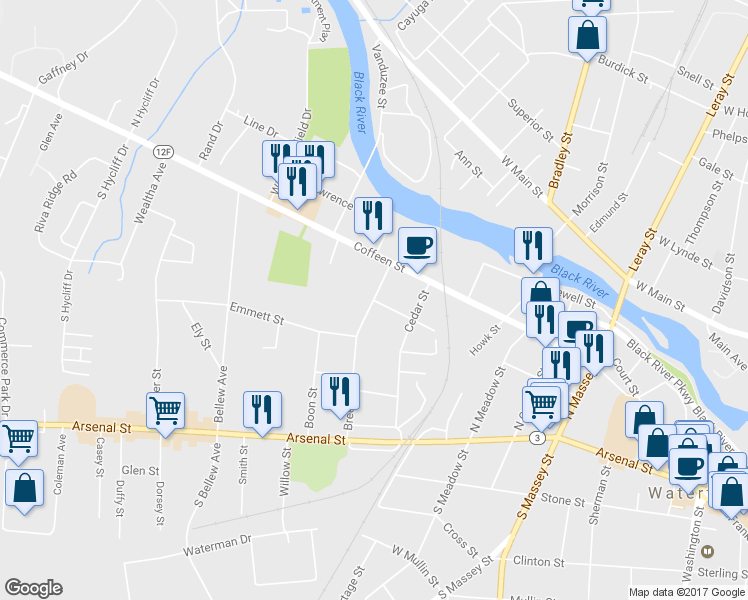 map of restaurants, bars, coffee shops, grocery stores, and more near Breen Ave & W Prospect St in Watertown