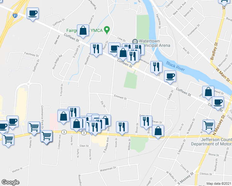 map of restaurants, bars, coffee shops, grocery stores, and more near 872 Emmett Street in Watertown