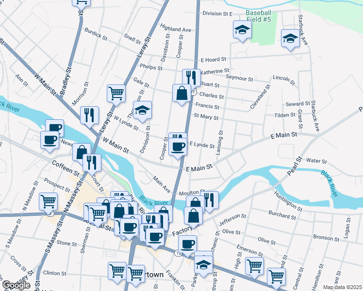 map of restaurants, bars, coffee shops, grocery stores, and more near 620 Mill Street in Watertown