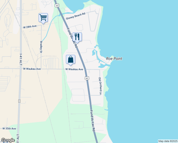 map of restaurants, bars, coffee shops, grocery stores, and more near 30 East Waukau Avenue in Oshkosh
