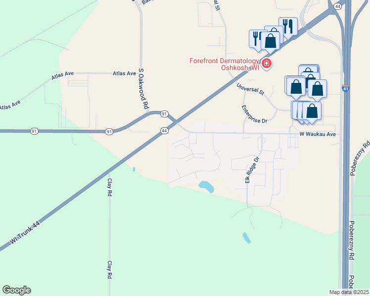 map of restaurants, bars, coffee shops, grocery stores, and more near 2541 West Waukau Avenue in Oshkosh