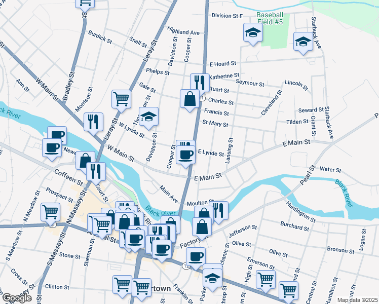 map of restaurants, bars, coffee shops, grocery stores, and more near 620 Mill Street in Watertown