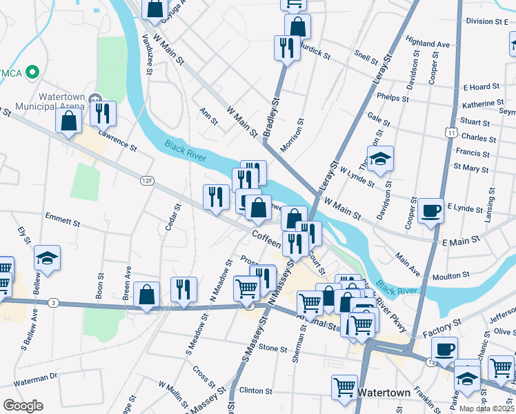 map of restaurants, bars, coffee shops, grocery stores, and more near 500 Newell Street in Watertown