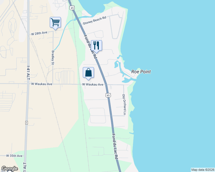 map of restaurants, bars, coffee shops, grocery stores, and more near 5 East Waukau Avenue in Oshkosh
